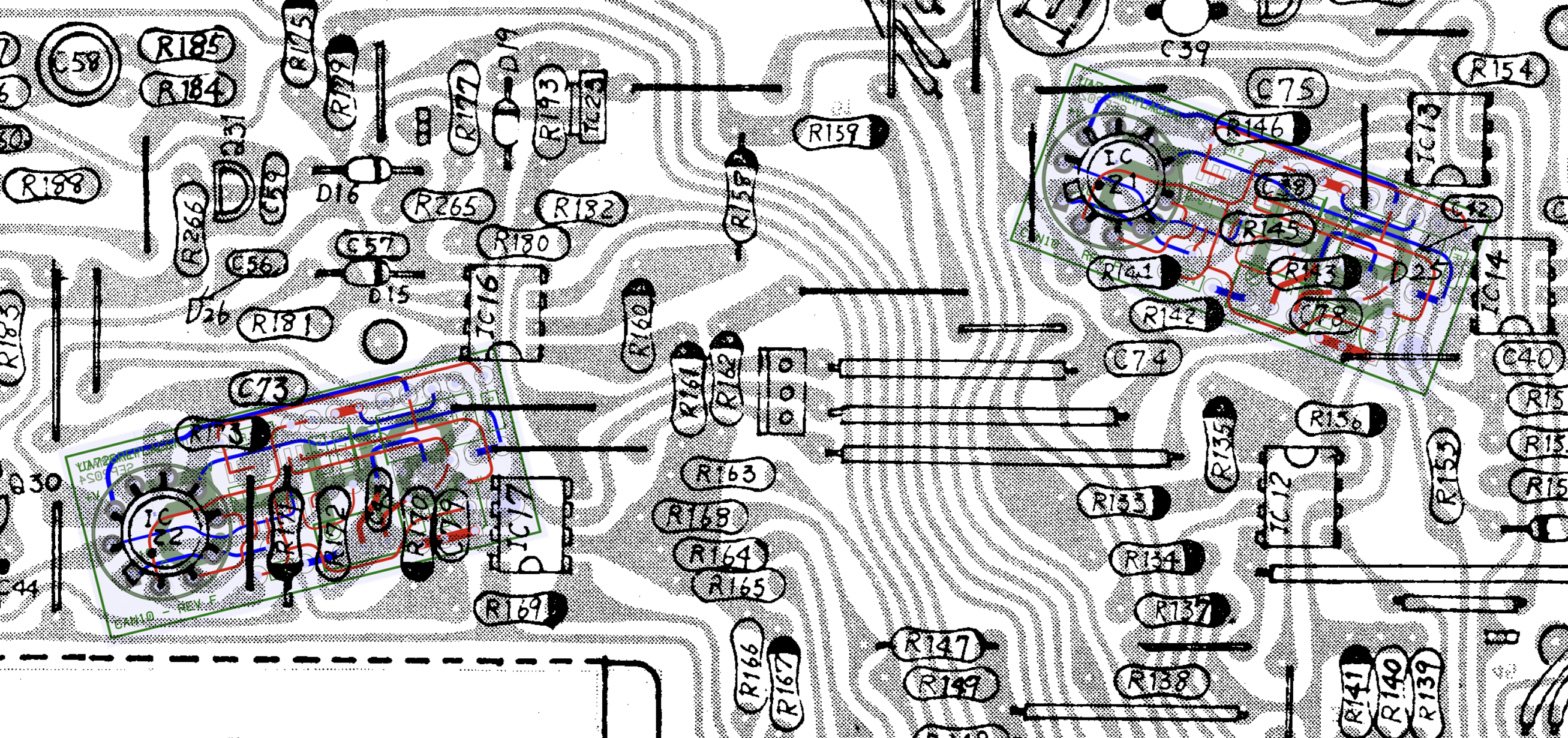 Mockup of SH-2 circuitboard with ua726replacer rev-f superimposed